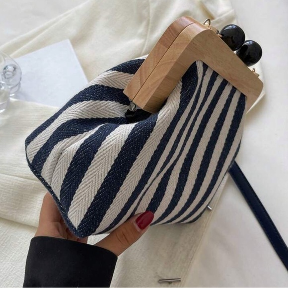 Striped crossbody bag shoulder striped handbag purse wood magnetic clutch canvas - Picture 7 of 10